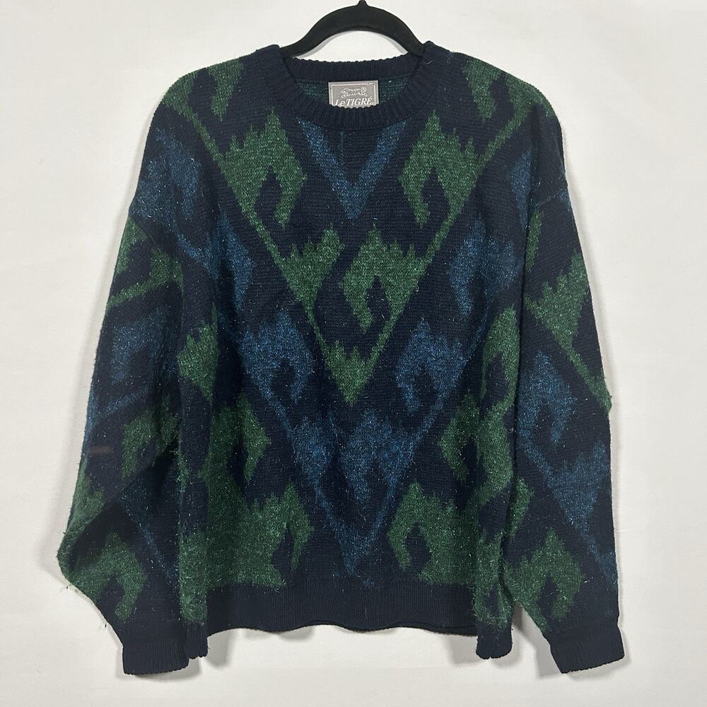 Vintage 90s Le Tigre Argyle Aztec Grandpa‎ Sweater USA Blue Green Men's Medium